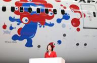 June 2, 2024, Tokyo, Japan - Japanese Expo Minister Hanako Jimi delivers a speech at a presentation of the Myaku-Myaku jet designed with Myaku-Myaku, mascot of the 2025 World Expo Osaka\/Kansai at the JAL hangar of the Haneda airport in Tokyo on Sunday, June 2, 2024. The new Myaku-Myaku jet will serve for the international route from June 3, while the first one was launched for the domestic route last year. (photo by Yoshio Tsunoda\/AFLO