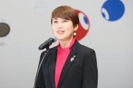 June 2, 2024, Tokyo, Japan - Japan Airlines (JAL) senior vice president for western Japan Kumiko Miyasaka delivers a speech at a presentation of the Myaku-Myaku jet designed with Myaku-Myaku, mascot of the 2025 World Expo Osaka\/Kansai at the JAL hangar of the Haneda airport in Tokyo on Sunday, June 2, 2024. The new Myaku-Myaku jet will serve for the international route from June 3, while the first one was launched for the domestic route last year. (photo by Yoshio Tsunoda\/AFLO