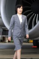 June 2, 2024, Tokyo, Japan - Japan Airlines (JAL) president Mitsuko Tottori delivers a speech at a presentation of the Myaku-Myaku jet designed with Myaku-Myaku, mascot of the 2025 World Expo Osaka\/Kansai at the JAL hangar of the Haneda airport in Tokyo on Sunday, June 2, 2024. The new Myaku-Myaku jet will serve for the international route from June 3, while the first one was launched for the domestic route last year. (photo by Yoshio Tsunoda\/AFLO