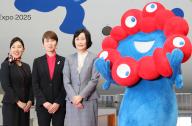 June 2, 2024, Tokyo, Japan - Japan Airlines (JAL) president Mitsuko Tottori (3rd L) and JAL senior vice president Kumiko Miyasaka (L) pose for photo with Myaku-Myaku (R), mascot of the 2025 World Expo Osaka\/Kansai before JAL\'s Myaku-Myaku jet designed with Myaku-Myaku at the JAL hangar of the Haneda airport in Tokyo on Sunday, June 2, 2024. The new Myaku-Myaku jet will serve for the international route from June 3, while the first one was launched for the domestic route last year. (photo by Yoshio Tsunoda\/AFLO