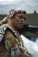 Former South African vice president Jacob Zuma in traditional regalia including a leopard skin delivers a speech during the Shaka Day celebrations at KwaDukuza the site of King Shaka