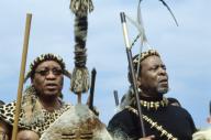 Zulu power: Former Deputy President Jacob Zuma (left) and King Goodwill Zwelithini (right) dance at the Shaka Day celebrations Stanger in the midst of political crisis in Zuma