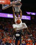 Clemson Tigers forward Jaron Blossomgame (5) gets a dunk against the Virginia Cavaliers on January 14, 2017. Mandatory Photo Credit: Vern Verna / Ai Wire