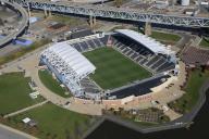 Aerial view of Subaru Park, a soccer-specific stadium located in Chester, Pennsylvania, United States, next to the Commodore Barry Bridge on the waterfront along the Delaware River.. It is the current home of the Philadelphia Union Major League Soccer team. Aero-Imaging, Inc
