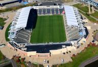 Aerial view of Subaru Park, a soccer-specific stadium located in Chester, Pennsylvania, United States, next to the Commodore Barry Bridge on the waterfront along the Delaware River.. It is the current home of the Philadelphia Union Major League Soccer team. ( Aero-Imaging, Inc