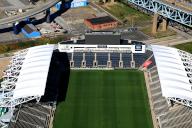 Aerial view of Subaru Park is a soccer-specific stadium located in Chester, Pennsylvania, United States, next to the Commodore Barry Bridge on the waterfront along the Delaware River.. It is the current home of the Philadelphia Union Major League Soccer team. Aero-Imaging, Inc
