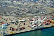 aerial view of Shipping Containers at the port of oakland, California, site of Truckers Protest over Assembly Bill 5