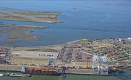 Aerial view of Sea Freight Container Ships at the port of