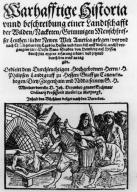 Hans Staden, Amerikareisender in the years 1547–54. Works: “Warhafftige Historia a Landtschafft der Wilden (..)”, circa 1556, Frankfurt / M. Title sheet showing the division of a human being. Woodcut.