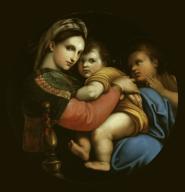 After: Raphael, orig. Raffaello Sanzio 1483–1520. “Madonna della Sedia”. Old copy after an original by Raphael in the Palazzo Pitti in Florence. Oil on wood, 74 × 73cm. (Depot). Dresden, Gemäldegalerie, Alte Meister.