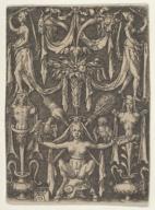 Aldegrever, Heinrich 1502–1561. Panel with a Candelabrum Containing a Female Satyr Seated on a Helmet, Print ornament & architecture, 1549. Engraving, 6.7 × 4.8 cm. Inv. Nr. 22.105.9 New York, Metropolitan Museum of Art.