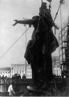 Berlin-Mitte, The bronze statue of Berolina, a symbol of Berlin, designed by Emil Hundrieser in 1889 and originally erected on Potzdamer platz 1895–1927. After 1933 moved to Alexanderplatz). Berolina being moved to Alexanderplatz. Photo, 1933.