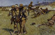 History / WWI / colonies. “Askari soldiers in German East-Africa”. (German defense force with natives putting down an attack). Postcard based on a watercolour, 1918, by Fritz Grotemeyer (1864–1947