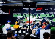 MONZA - (L-R) Daniel Ricciardo (RB), Lando Norris (McLaren), Zhou Guanyu (Kick Sauber), Pierre Gasly (Alpine), Kevin Magnussen (Haas F1 Team) and Carlos Sainz (Ferrari) during the press conference at the circuit of Autodromo Nazionale Monza in the run-up to the Italian Grand Prix. ANP REMKO DE WAAL