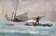 Stowing Sail. Winslow Homer; American, 1836-1910. Date: 1903. Dimensions: 355 x 554 mm. Transparent watercolor, with touches of opaque watercolor, rewetting, blotting, scraping and graphite, on thick, moderately textured (twill texture on verso), ivory wove paper. Origin: United States. Museum: The Chicago Art Institute, Chicago, USA.Stowing Sail. Winslow Homer; American, 1836-1910. Date: 1903. Dimensions: 355 x 554 mm. Transparent watercolor, with touches of opaque watercolor, rewetting, blotting, scraping and graphite, on thick, moderately textured (twill texture on verso), ivory wove paper. Origin: United States. Museum: The Chicago Art Institute, Chicago, USA.. Album. . 