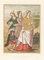 The companions of Laura. Three chaste women and a boy in French costumes of the late 15th century. Les compagnes de Laure, France, XVe siecle (fin). Taken from an illustrated manuscript of Petrarch