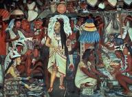 EL GRAN TENOCHTITLAN "EL MERCADO DE SANTIAGO" - PINTURA MURAL SIGLO XX. Autor: DIEGO RIVERA. Localización: PALACIO NACIONAL. CIUDAD DE MEXICO. MEXICO. KAHLO FRIDA 1907/1954 FRIDA KAHLO.The Market of Tlatelolco, detail from The Great City of Tenochtitlan, from the cycle 