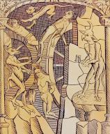 Tortura de la rueda, llevada a cabo por demonios. Grabado a partir de "Le grant Kalendrier et compost des Bergiers", Troyes, 1529. Coloreado. "Moeurs, usages et costumes au moyen-âge et à l