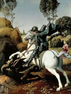 Saint George and the Dragon. Date\/Period: Ca. 1506. Painting. Oil on panel. Height: 285 mm (11.22 in); Width: 215 mm (8.46 in). Autor: RAFAEL SANZIO.Saint George and the Dragon. Date\/Period: Ca. 1506. Painting. Oil on panel. Height: 285 mm (11.22 in); Width: 215 mm (8.46 in). Author: Raphael.. Album. .