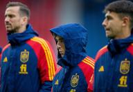 28th March 2023; Hampden Park, Glasgow, Scotland: Euro 2024 Qualifier Football, Scotland versus Spain; Gavi of Spain leaves the pitch with his hood up to shelter from the cold of