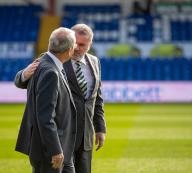 2nd April 2023; Victoria Park, Dingwall, Scotland: Scottish Premiership Football, Ross County versus Celtic; Ross County Chairman Roy MacGregor greets Celtic Manager Angelos