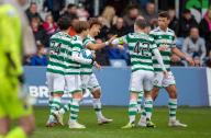 2nd April 2023; Victoria Park, Dingwall, Scotland: Scottish Premiership Football, Ross County versus Celtic; Joao Pedro Neves Filipe Jota of Celtic celebrates with his tea mates after he scores from the penalty spot to make it 1-0 to Celtic in the 50th minute of the first half
