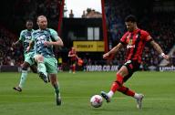 1st April 2023; Vitality Stadium, Boscombe, Dorset, England: Premier League Football, AFC Bournemouth versus Fulham; Dominic Solanke of Bournemouth passes under pressure from Tim Ream of