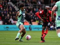 1st April 2023; Vitality Stadium, Boscombe, Dorset, England: Premier League Football, AFC Bournemouth versus Fulham; Dango Ouattara of Bournemouth tries to get a shat away under pressure from Antonee Robinson of
