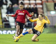 14th December 2023; Leigh Sports Village, Manchester, England; FA Womens League Cup Football, Manchester United versus Leicester City; Geyse of Manchester United Women is tackled by Josie Green of Leicester City