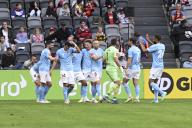 20th April 2024; CommBank Stadium, Sydney, NSW, Australia: A-League Football, Western Sydney Wanderers versus Melbourne City; Melbourne City celebrate their goal in the 39th minute to make it 2-0 scored by Marin Jakolis of Melbourne