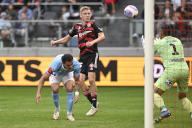 20th April 2024; CommBank Stadium, Sydney, NSW, Australia: A-League Football, Western Sydney Wanderers versus Melbourne City; Zac Sapsford of Western Sydney Wanderers watches his header on goal as Jamie Young of Melbourne City makes the