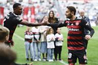 20th April 2024; CommBank Stadium, Sydney, NSW, Australia: A-League Football, Western Sydney Wanderers versus Melbourne City; Milos Ninkovic shakes hands with Marcelo of Western Sydney Wanderers before his last