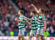 20th April 2024; Hampden Park, Glasgow, Scotland: Scottish Cup Football Semi Final, Aberdeen versus Celtic; James Forrest of Celtic is surrounded by his celebrating team mates after he scored in the 63rd minute to make it 2-1 to