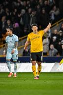 24th April 2024; Molineux Stadium, Wolverhampton, West Midlands, England; Premier League Football, Wolverhampton Wanderers versus Bournemouth; Hwang Hee-chan of Wolves raises his arm but his goal was