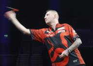 25th April 2024, M&amp;S Bank Arena, Liverpool, England; 2024 PDC Premier League Darts Liverpool Night 13; Slow motion shot of Nathan Aspinall in his semi-final match against Luke Littler