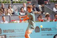 25th April 2024. Madrid, Spain: Masters 1000 Series Mutua Madrid Open 2024 at La Caja Magica stadium. Darwin Blanch (US) returns to Rafael Nadal (SPA