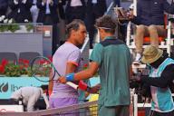 25th April 2024. Madrid, Spain: Masters 1000 Series Mutua Madrid Open 2024 at La Caja Magica stadium. Rafael Nadal (SPA) shakes hands with Darwin Blanch (US