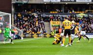 27th April 2024; Molineux Stadium, Wolverhampton, West Midlands, England; Premier League Football, Wolverhampton Wanderers versus Luton Town; Toti Gomes of Wolves heads past Thomas Kaminski in the Luton Town goal in the 50th minute for 2