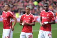 28th April 2024; The City Ground, Nottingham, England; Premier League Football, Nottingham Forest versus Manchester City; Murillo, Danilo and Moussa Niakhate of Nottingham Forest prior to kick
