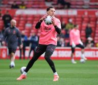 28th April 2024; The City Ground, Nottingham, England; Premier League Football, Nottingham Forest versus Manchester City; Ederson of Manchester City during the pre-match warm