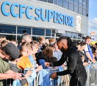 30th April 2024; Coventry Building Society Arena, Coventry, England; EFL Championship, Coventry City versus Ipswich Town; Kasey Palmer of Coventry signs autographs as he arrives at CBS