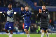 2nd May 2024; Stamford Bridge, Chelsea, London, England; Premier League Football, Chelsea versus Tottenham Hotspur; Zak Sturge, Leo Castledine and Alfie Gilchrist of Chelsea thanking the fans after the match