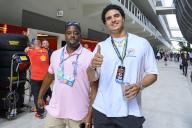 2nd May 2024; Miami International Autodrome, Miami, Florida, USA; Formula 1 Crypto.com Miami Grand Prix 2024; Arrival and Inspection Day; Miami Dolphins linebacker Jaelan Phillips gives a thumbs up as he walks in the paddock with Miami Dolphins football communications manager Renzo Sheppard