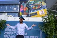 2nd May 2024; Miami International Autodrome, Miami, Florida, USA; Formula 1 Crypto.com Miami Grand Prix 2024; Arrival and Inspection Day; Brazilian street artist Kobra poses with the mural he painted paying tribute to Ayrton Senna this weekend on what marks the 30th anniversary of his passing