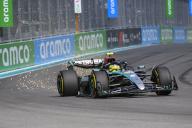 3rd May 2024; Miami International Autodrome, Miami, Florida, USA; Formula 1 Crypto.com Miami Grand Prix 2024; Free Practice Day; Sparks fly as Lewis Hamilton of the United Kingdom drives the number 44 Mercedes-AMG PETRONAS car during the Sprint qualifying session