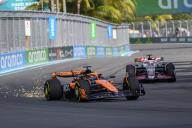 3rd May 2024; Miami International Autodrome, Miami, Florida, USA; Formula 1 Crypto.com Miami Grand Prix 2024; Free Practice Day; Sparks fly as Oscar Piastri of Australia driving the number 81 McLaren in front of Kevin Magnussen of Denmark driving the number 20 MoneyGram Haas car during the Sprint qualifying session