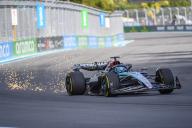 3rd May 2024; Miami International Autodrome, Miami, Florida, USA; Formula 1 Crypto.com Miami Grand Prix 2024; Free Practice Day; Sparks fly as George Russell of the United Kingdom drives the number 63 Mercedes-AMG PETRONAS car during the Sprint qualifying session