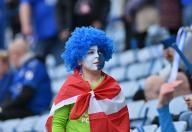 4th May 2024; King Power Stadium, Leicester, England; EFL Championship Football, Leicester City versus Blackburn Rovers; A fan in team colours facepaint awaits the players