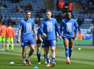 4th May 2024; King Power Stadium, Leicester, England; EFL Championship Football, Leicester City versus Blackburn Rovers; Jamie Vardy, Harry Winks and Stephy Mavididi warm up before the