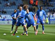4th May 2024; King Power Stadium, Leicester, England; EFL Championship Football, Leicester City versus Blackburn Rovers; Jamie Vardy, Harry Winks and Stephy Mavididi warm up before the